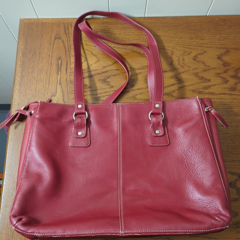 Buxton Red Leather Multi-pocket laptop tote briefcase bag